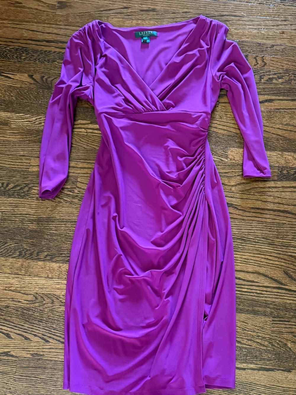 Ralph Lauren Magenta Ruched V-Neck Midi Dress